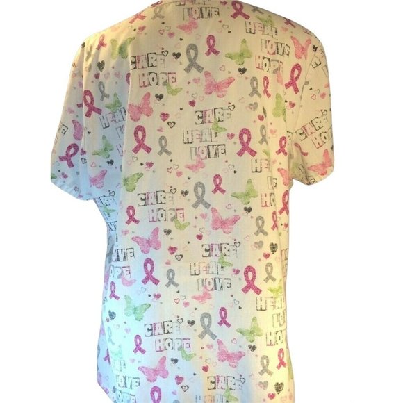 SB Scrub top XL White Breast Cancer Care Hope Heal V Neck 3 Front Pockets - Picture 3 of 8